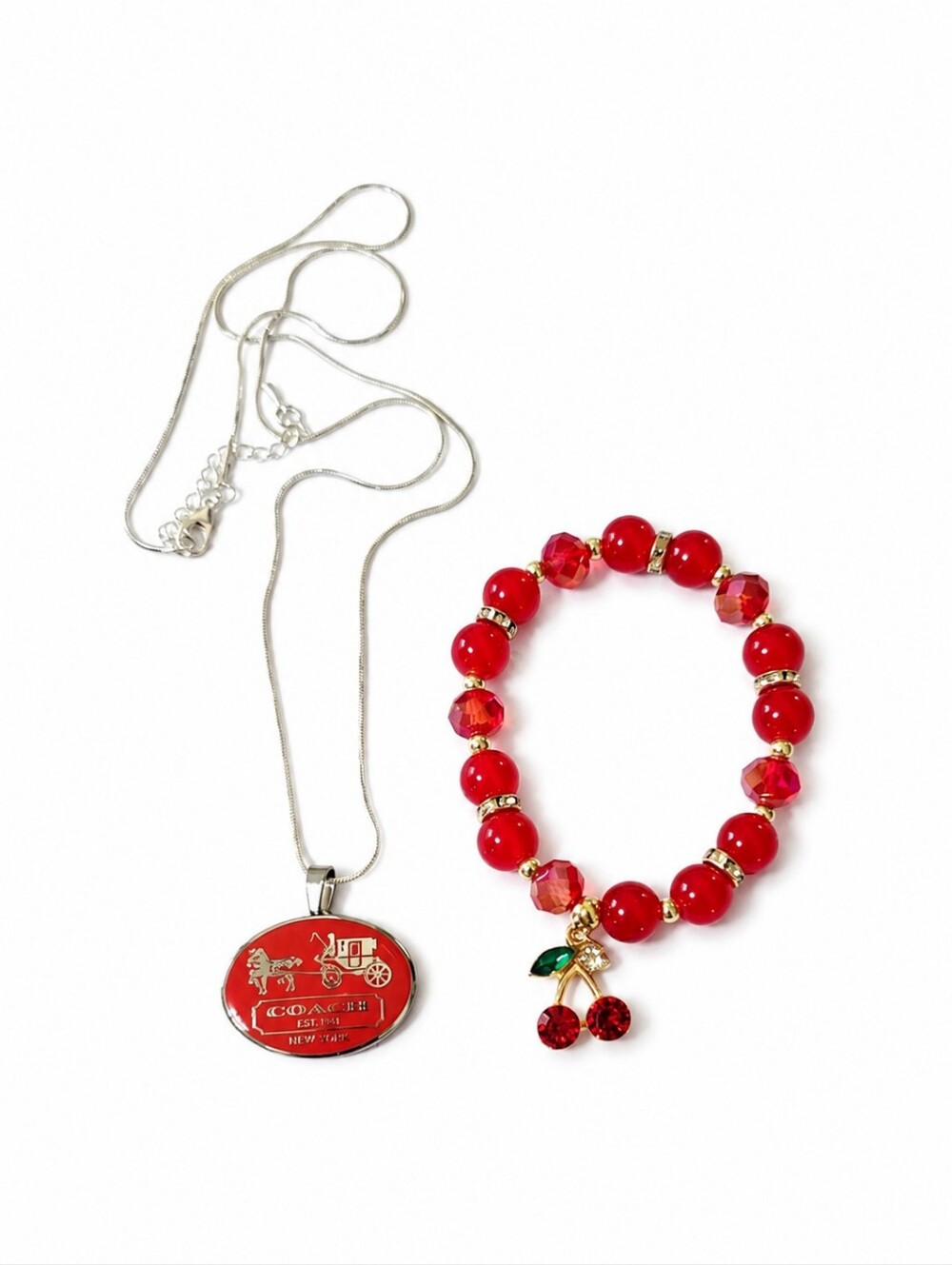 Upcycled Authentic Coach Bag Emblem Necklace & Cherry Charm Bracelet Set Handmad